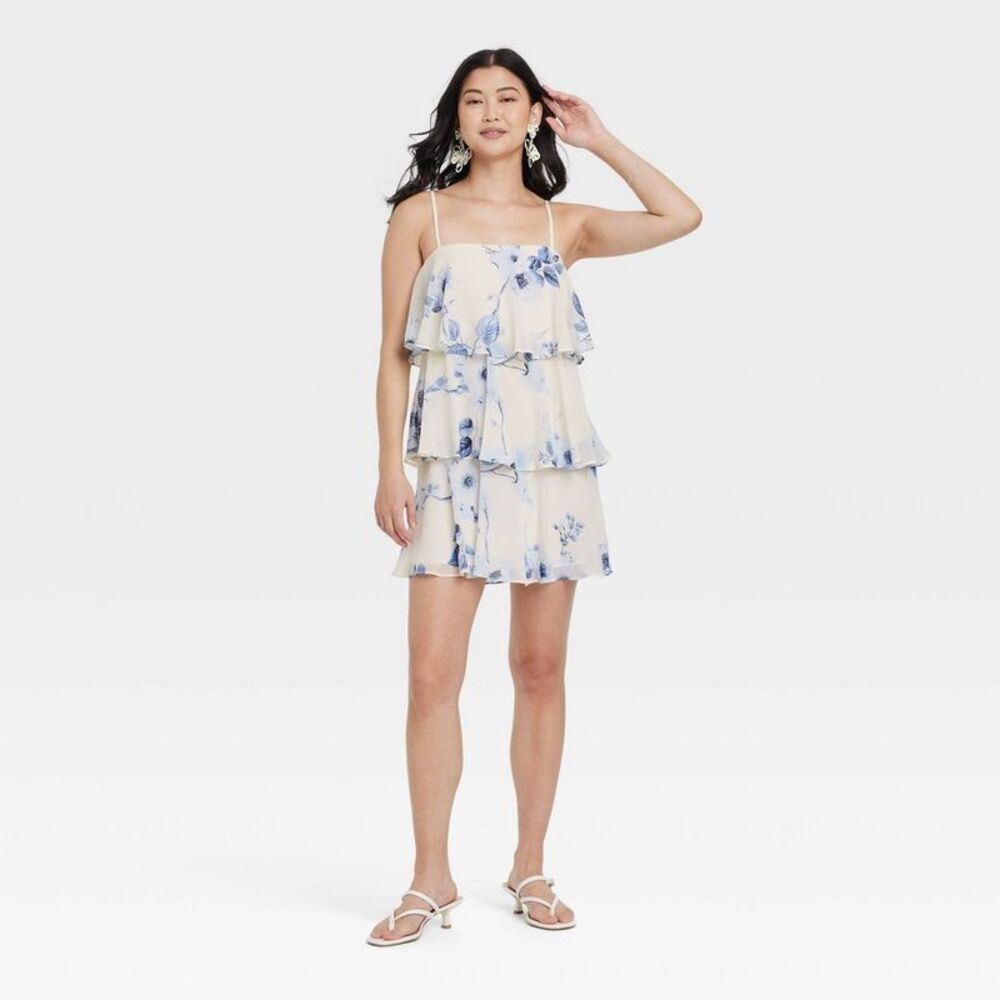 Women's Tiered Ruffle Mini Shift Dress - A New Day Blue Floral XS
